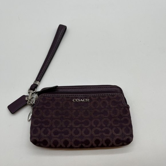 Coach Handbags - 34. Coach Purple Canvas and Leather Signature Zip Top Wristlet